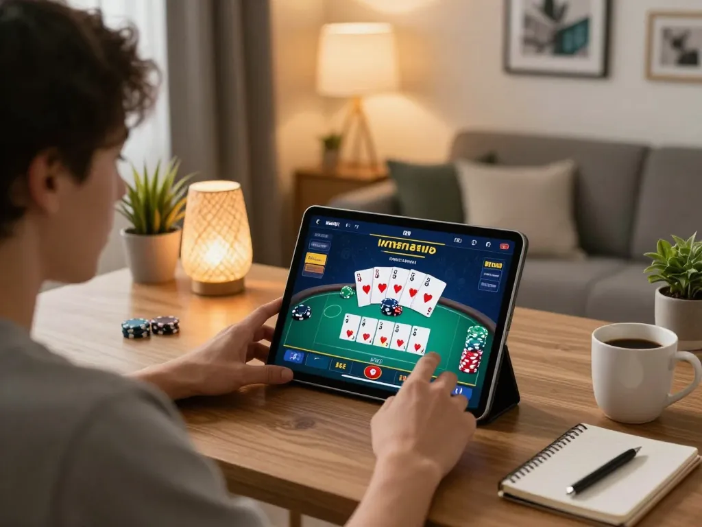 Player engaging in online poker at https://777x.bid/ in a cozy home workspace.