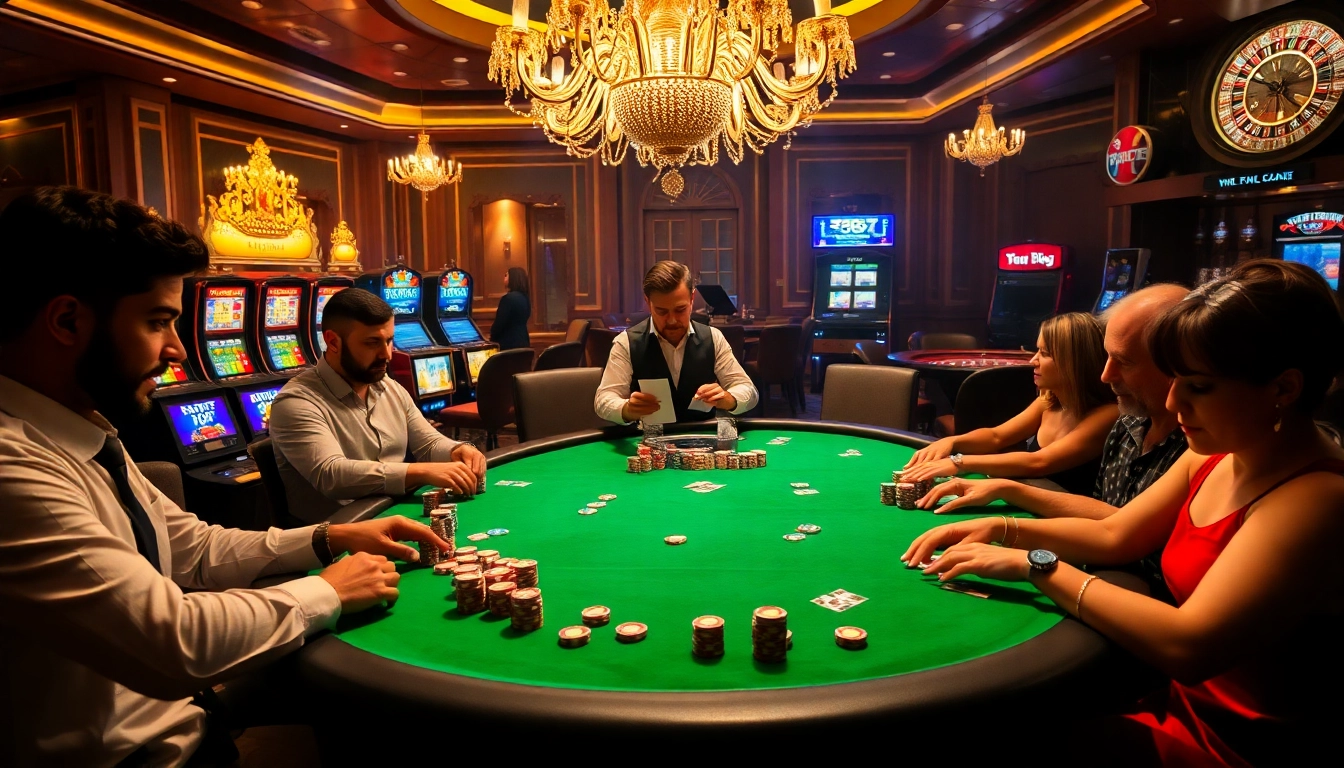 Intense poker action at a luxurious casino table featuring 788t poker chips and vibrant atmosphere.