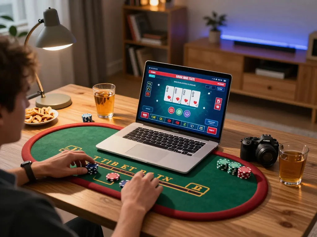 Player strategizing baccarat gameplay on laptop at home with xx88 gaming interface.