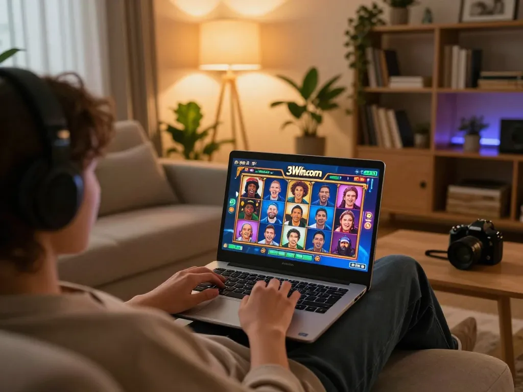 Person enjoying an exciting game on 3Win.com, showcasing engaging gameplay in a cozy environment.