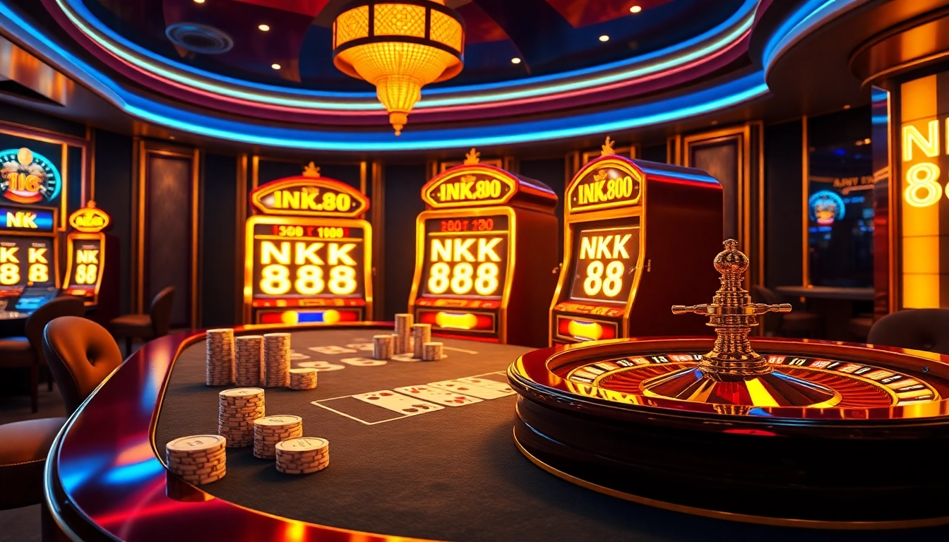 NK 88 gaming scene with poker chips and roulette wheel, capturing the excitement of casino gaming.