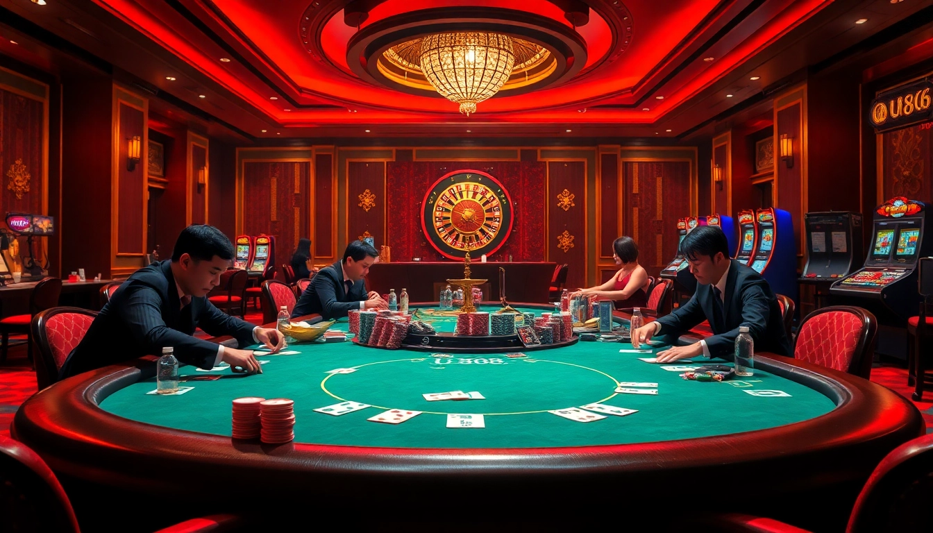 u888 poker players strategizing at a luxurious casino table with vibrant lighting and chips.