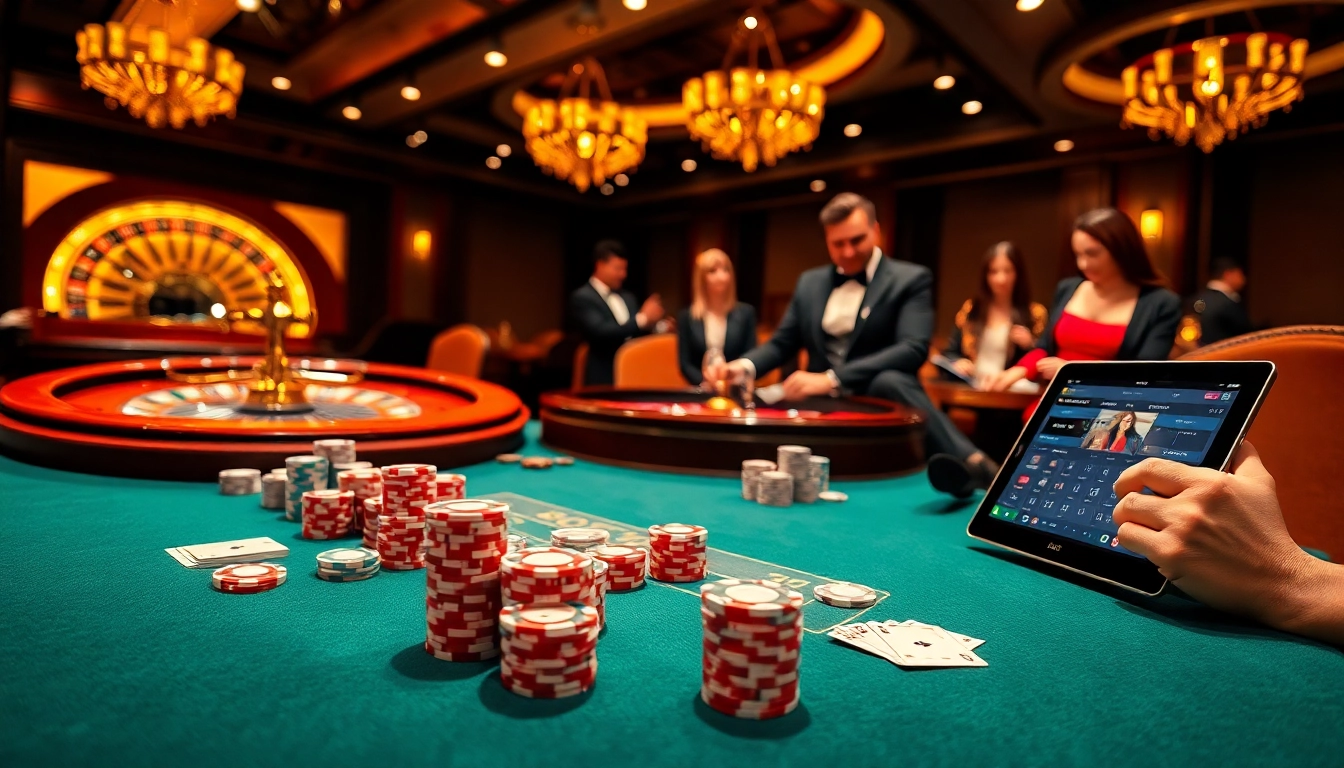 Engage with Nhà Cái OK8386 at a luxury casino, featuring poker chips and a roulette wheel.