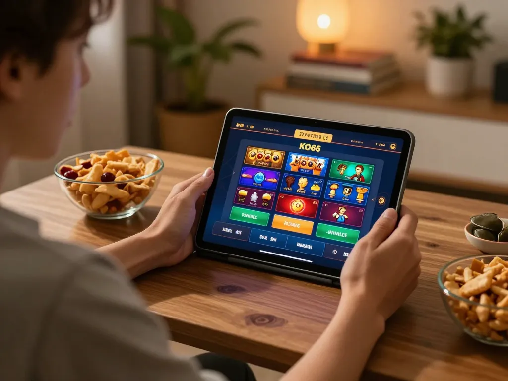 Player using KO668 interface on tablet for online casino gaming, cozy home environment with snacks.