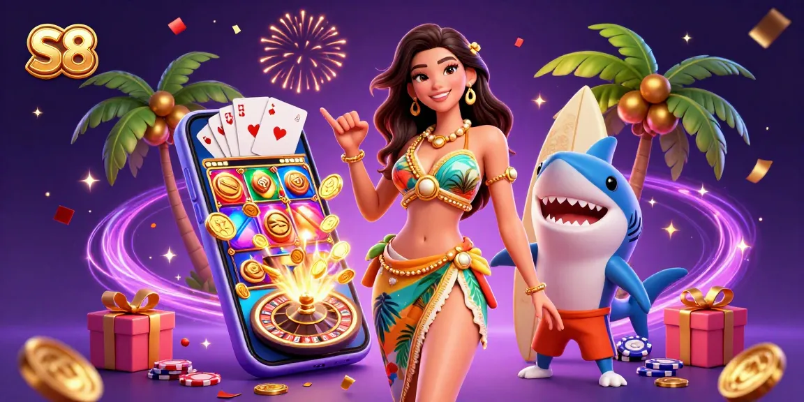 Get ready to win with S8, featuring festive casino elements in a vibrant 3D illustration.