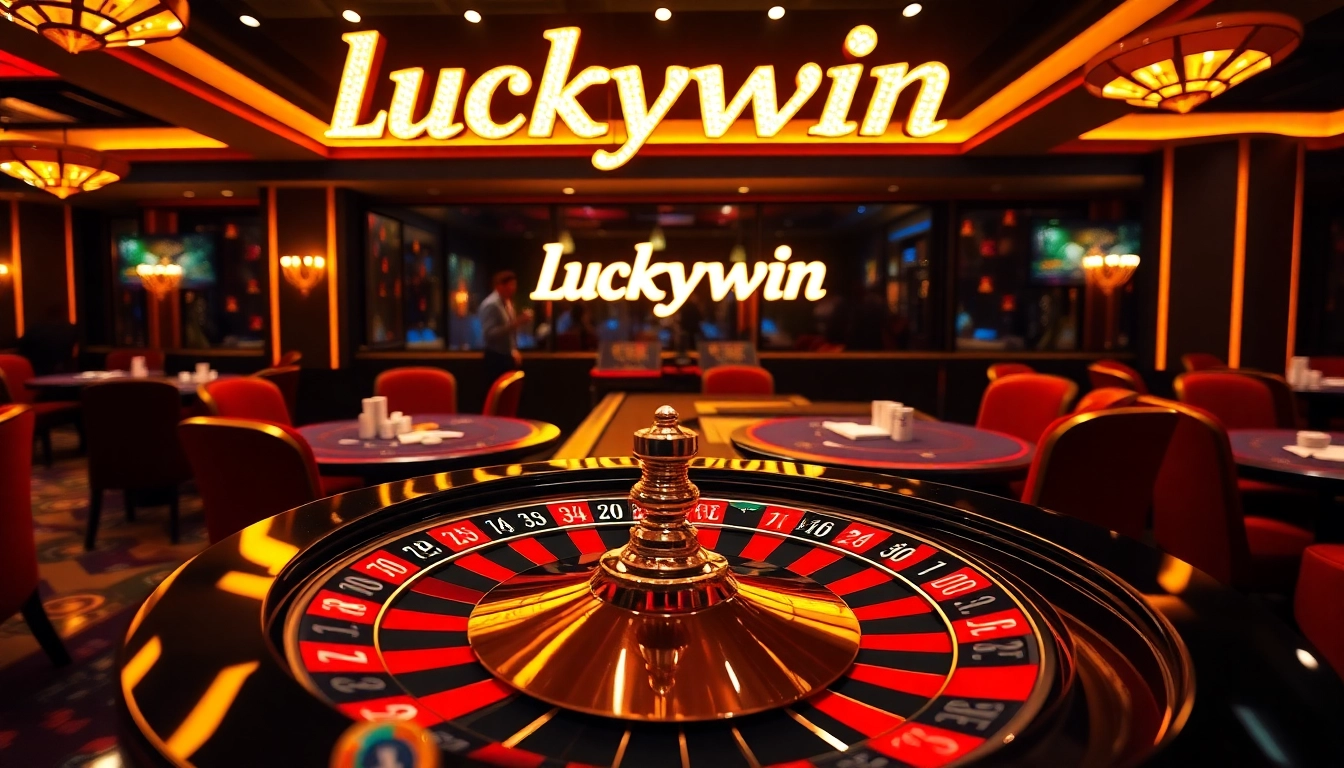Luckywin casino scene with vibrant roulette wheel and elegant poker tables, inviting players to enjoy gaming.