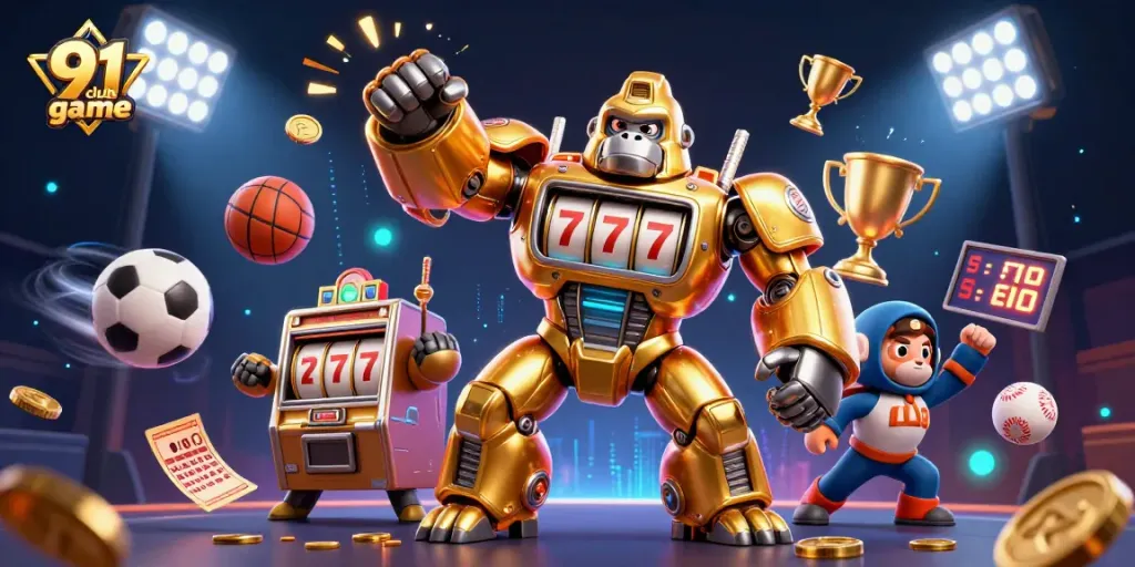 Engage with the 91 club game, highlighted by a golden gorilla mech and sports elements in a vibrant setting.