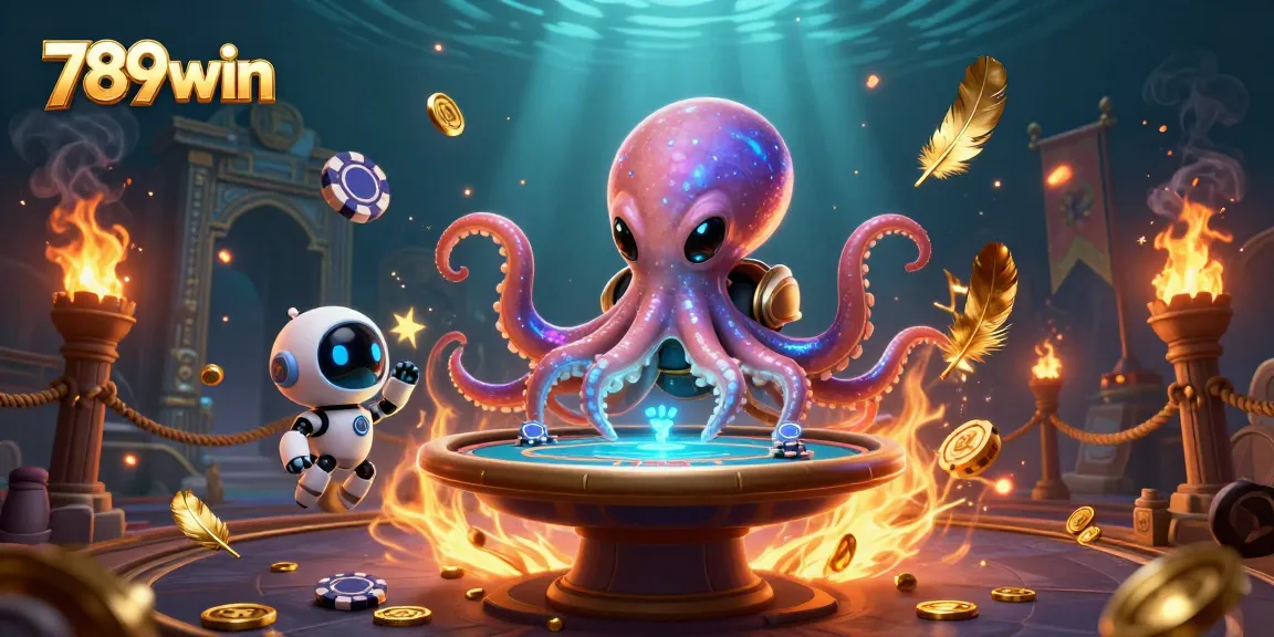 Engage with thrilling 789win poker gameplay as a cosmic octopus and robot navigate a vibrant casino scene.