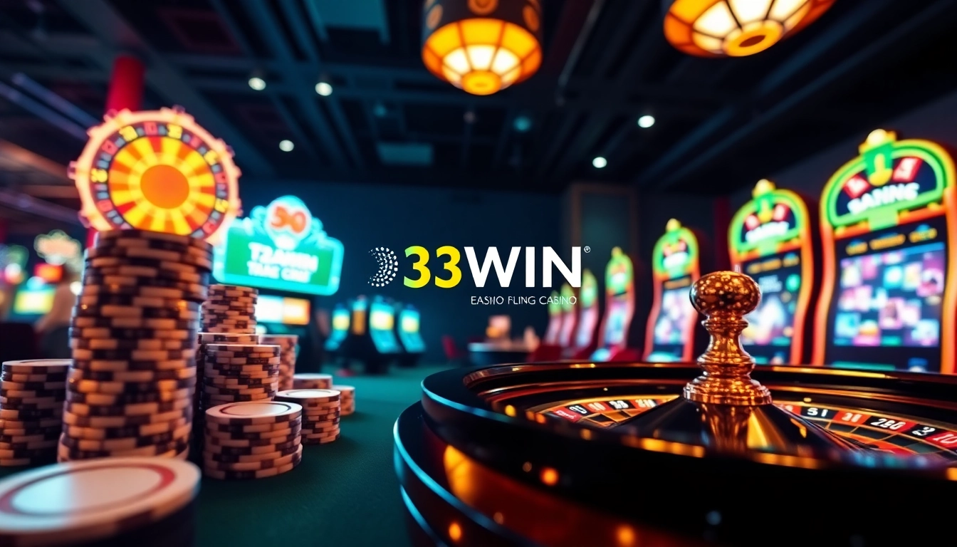 Experience the excitement of 33WIN trang chủ with vibrant casino tables and colorful slot machines.