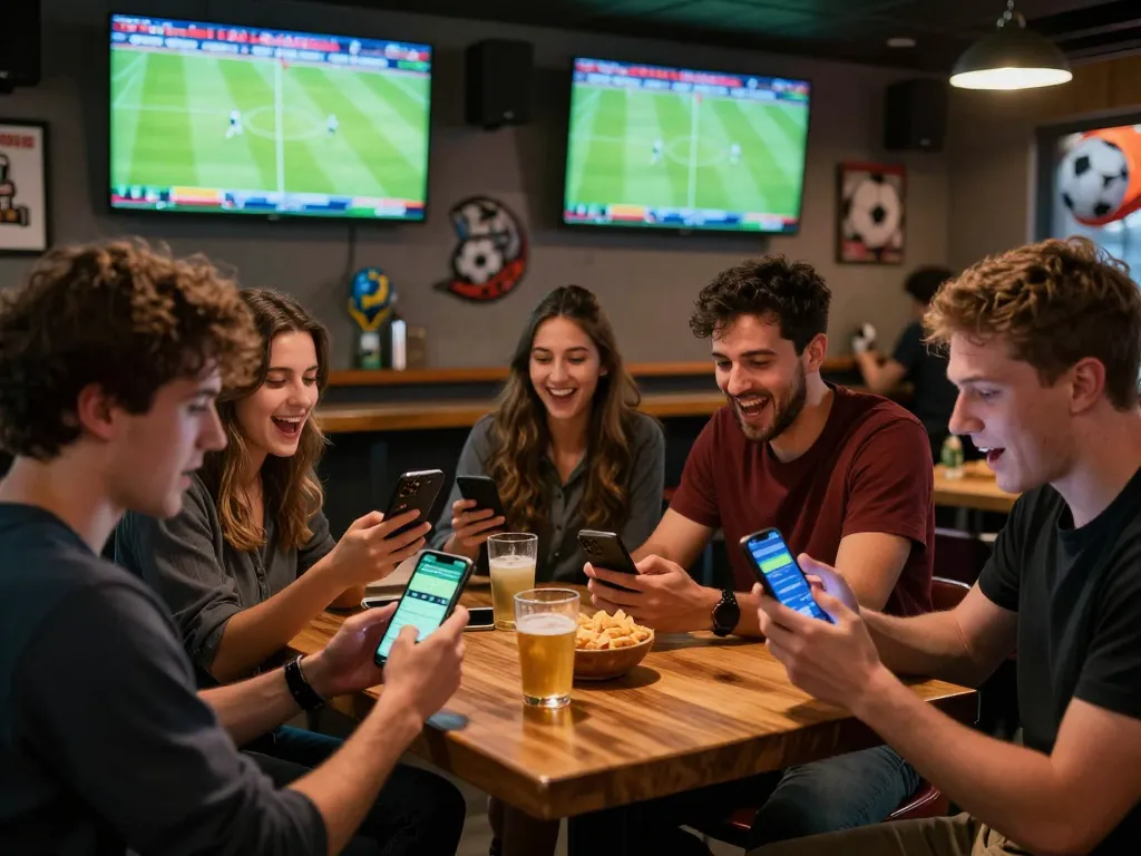 Engaged friends watching football and placing live bets using mobile apps in a vibrant sports bar