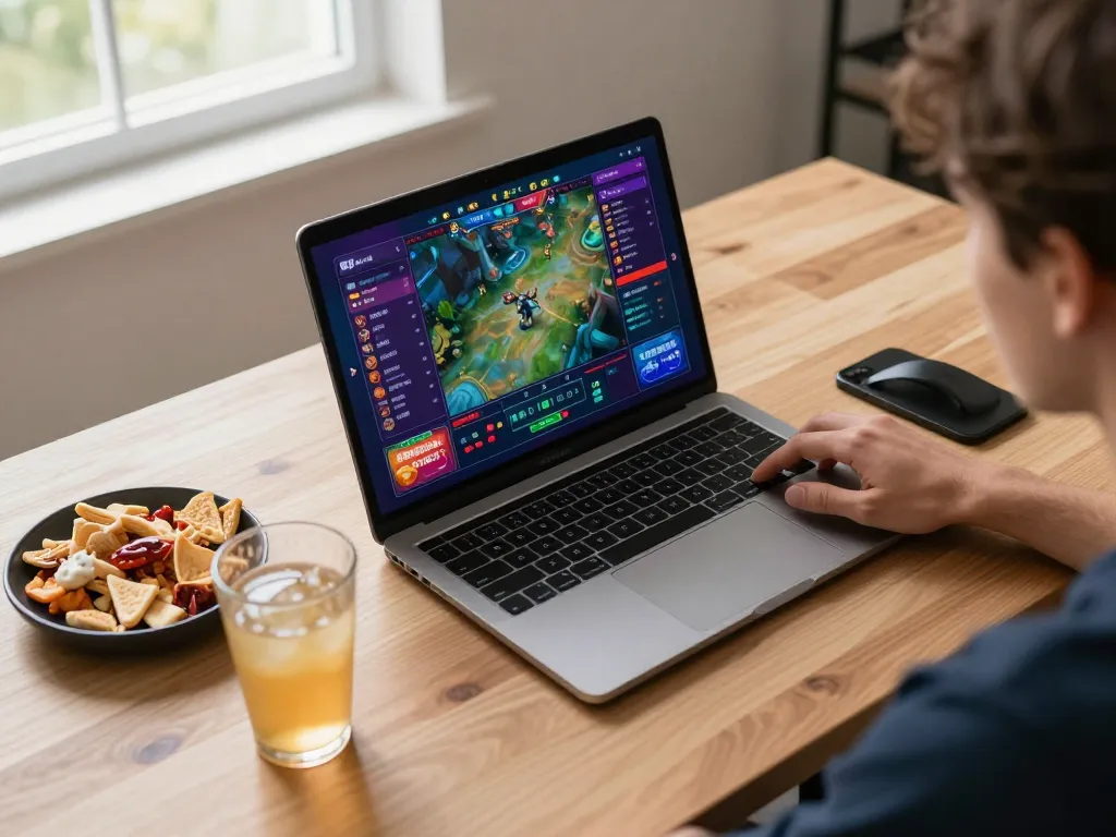 Engaging in game đổi thưởng on a laptop with colorful betting interface and snacks nearby