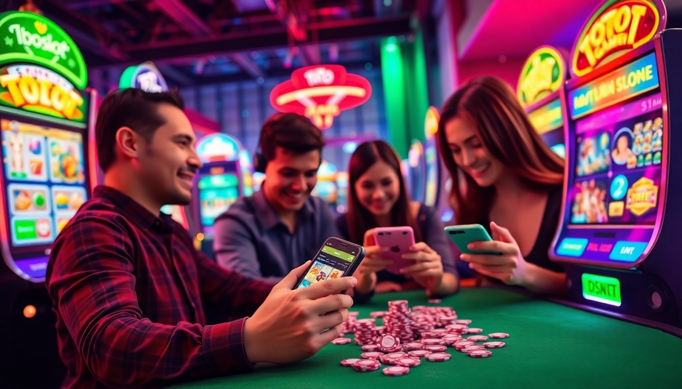 IBOSLOT gaming scene with players enjoying slot machines and colorful graphics.