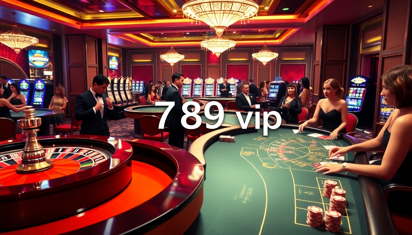 High-stakes gambling scene showcasing 789 vip exclusive poker tables and a roulette wheel.