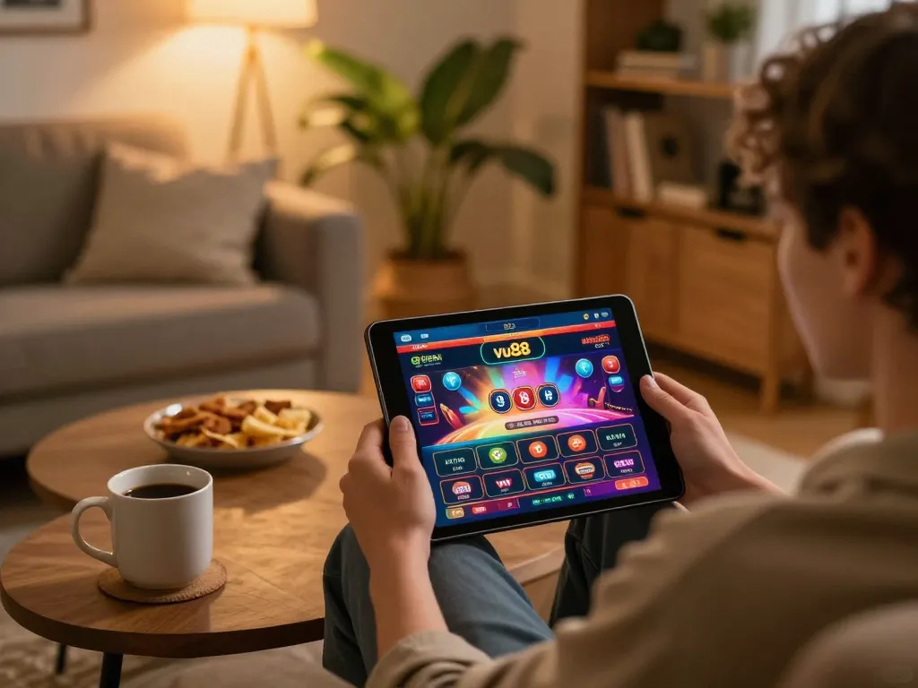 Engaging in vu88 online casino gaming on a tablet at home with snacks and warm ambiance