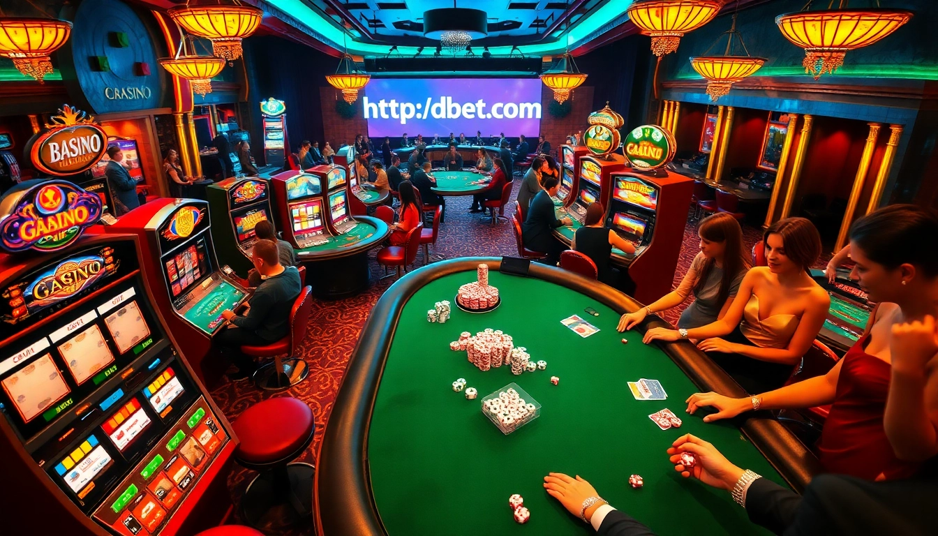 Visitors enjoying an engaging game experience at https://debet.br.com/ casino featuring vibrant slot machines and classic table games.