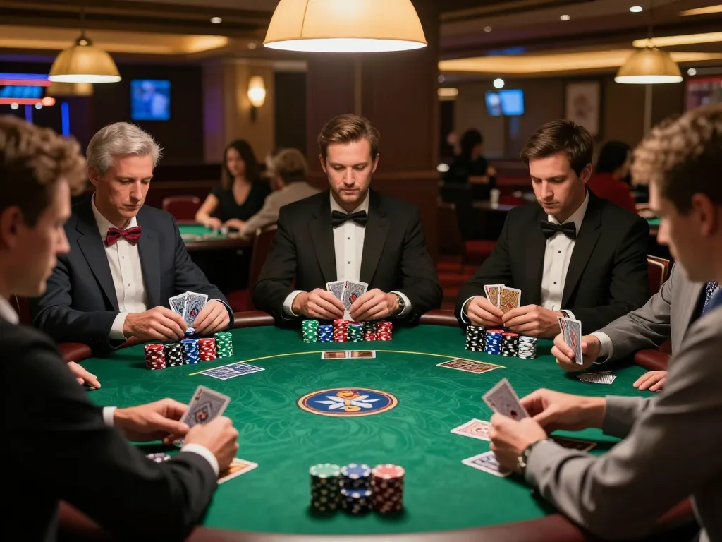 Players at RR88.auction engage in an intense poker game surrounded by a vibrant casino atmosphere.