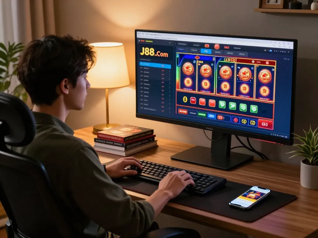 Engaging in online gaming at J88 .Com with dual monitors showcasing casino slots.
