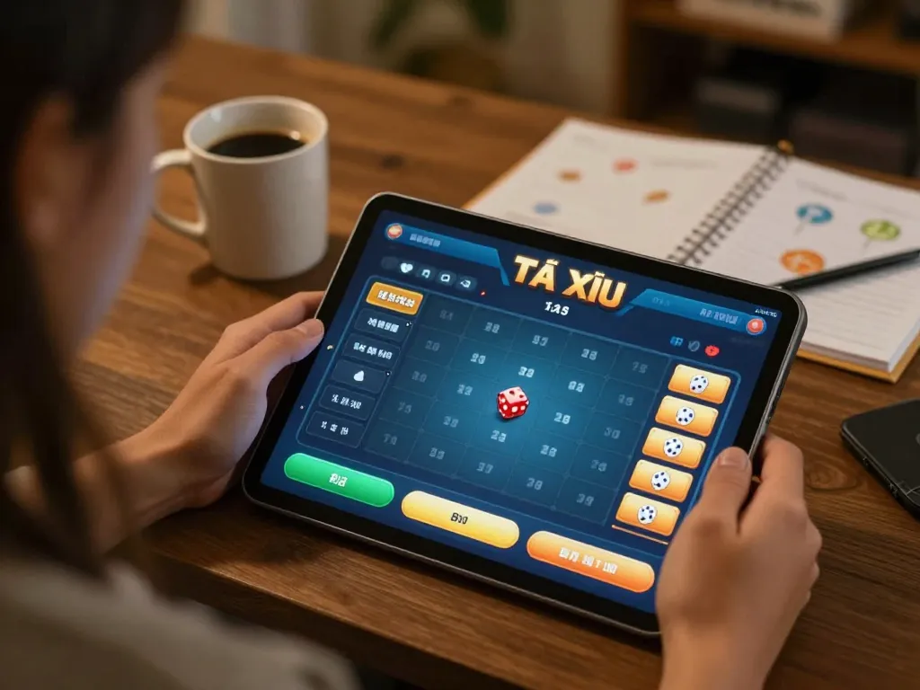 Engaging with taixiuonline8 app on a tablet, showcasing dynamic Tài Xỉu gameplay at home with cozy atmosphere.