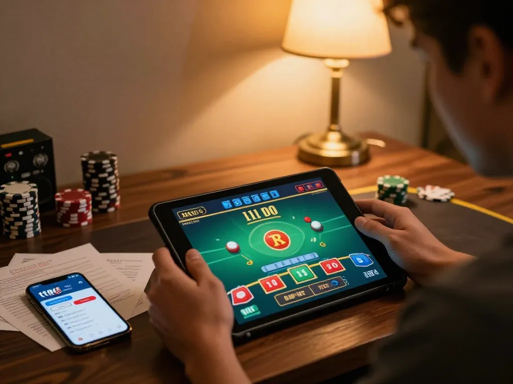 Player strategizing on tt88.com while enjoying online blackjack in a cozy, ambient-lit setting.