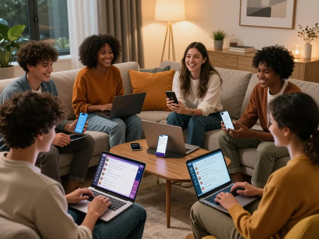 Engaging AI sex chat scene with diverse young adults enjoying playful conversations with personalized companions.