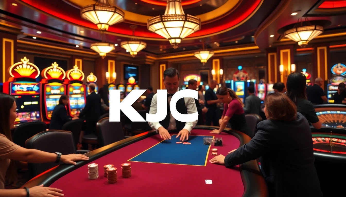 KJC's vibrant casino scene with dealers, poker tables, and stunning lighting.