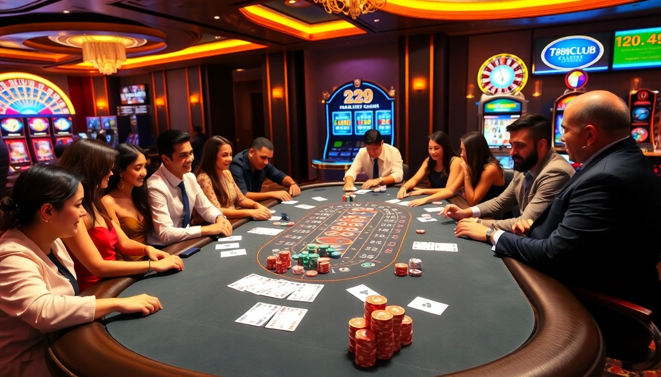 A group of players enjoying a thrilling poker game at 789club, showcasing vibrant activity and casino excitement.