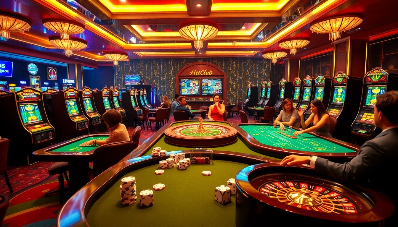 Players winning big at HITCLUB casino with vibrant tables and exciting slot machines.