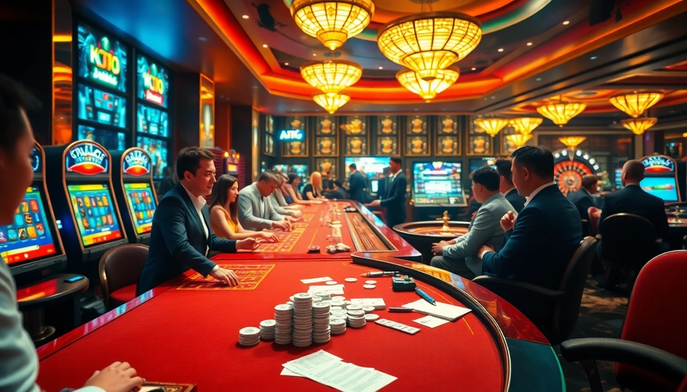 KJC casino tables showcasing poker and roulette excitement in a luxurious environment.