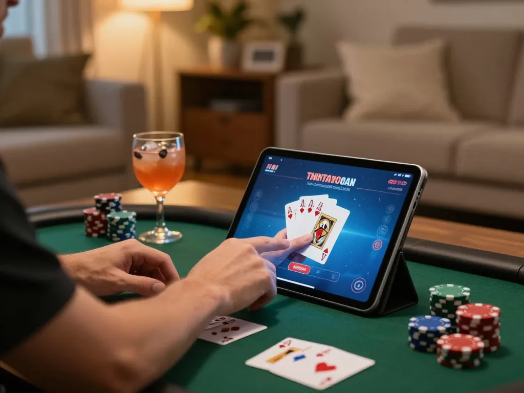 Engaging moment in lc88 online poker gameplay with player revealing cards on tablet in cozy home.