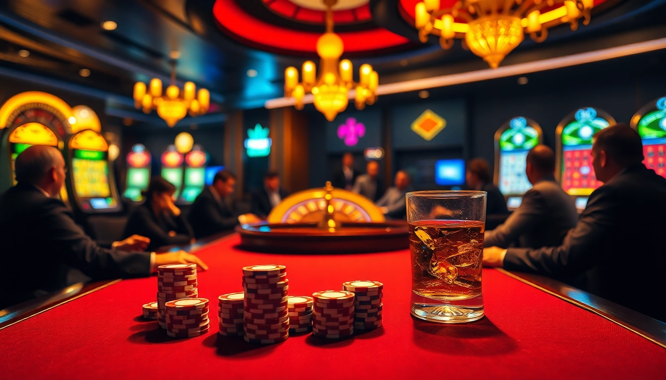 Exciting poker action at https://lu88bb.com/ showcases vibrant chips and a spinning roulette wheel.