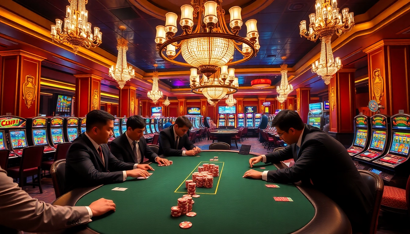 Players enjoying high-stakes poker at sky88 thể thao casino with vibrant slot machines.