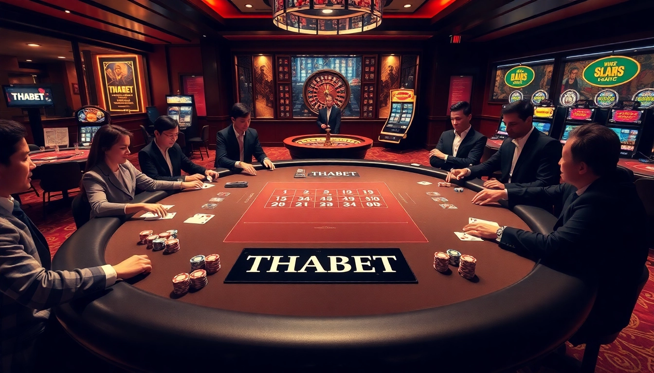 Players enjoy thrilling gambling moments at THABET's professional poker table, featuring vibrant chips and cards.