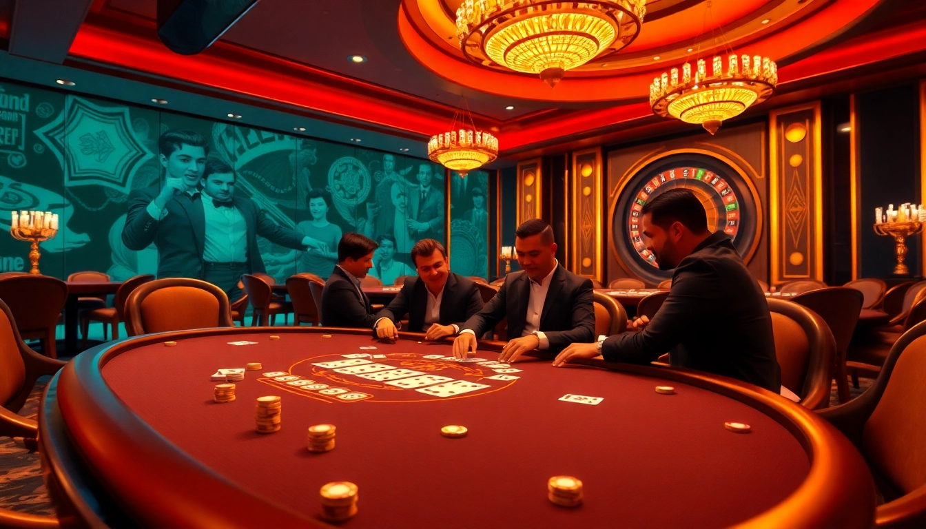 Poker players enjoying an exciting game at an 8kbet casino table with vibrant ambiance and luxury decor.