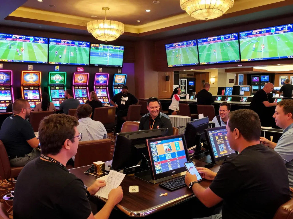 Sbobet bettors engage in live sports betting at a busy casino, showcasing excitement and dynamics.