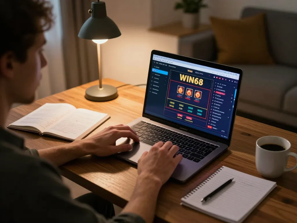 Player enjoying online WIN68 gameplay in a cozy home setting with strategic notes scattered around.