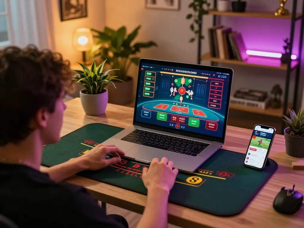 Player engaging with sc88 live dealer game at home, showcasing modern online gambling setup with laptop and phone
