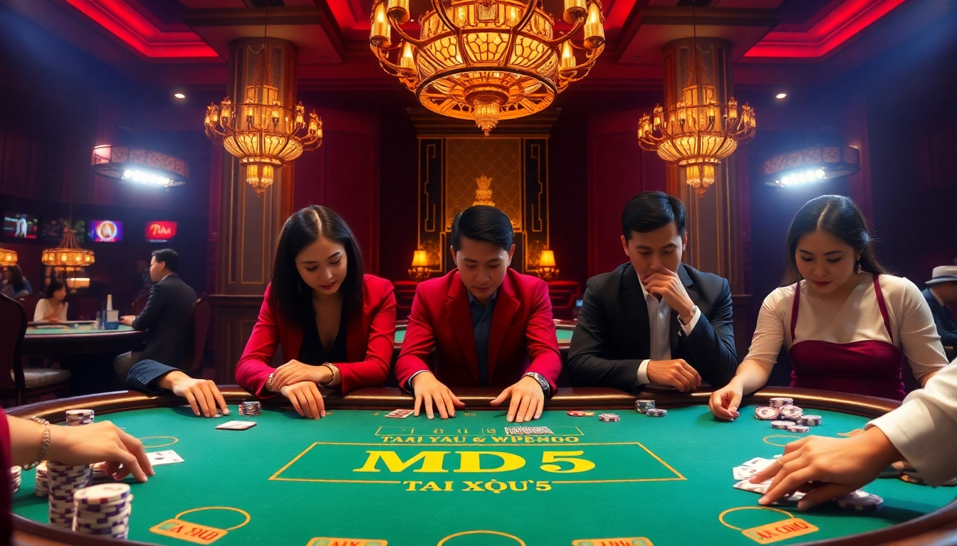 Tai xỉu md5 table with elegant players and casino elements in a vibrant atmosphere.