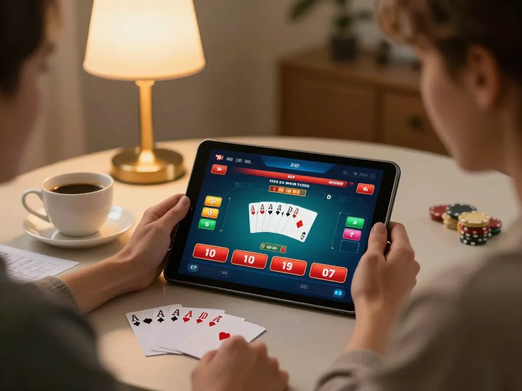 Player engaging in FLY88 online poker game on a tablet, highlighting strategic betting.