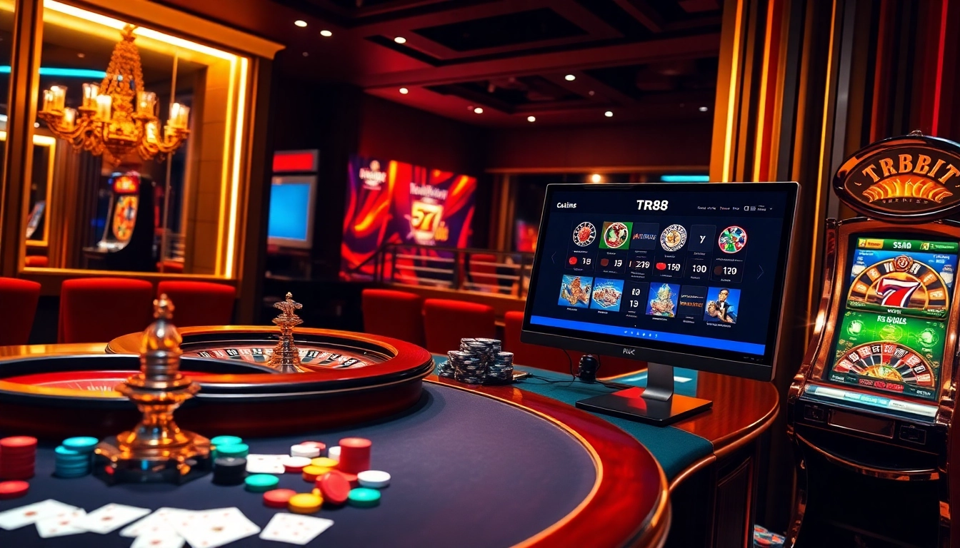 Experience the excitement of TR88 trang chủ with a vibrant casino scene featuring roulette and live betting.