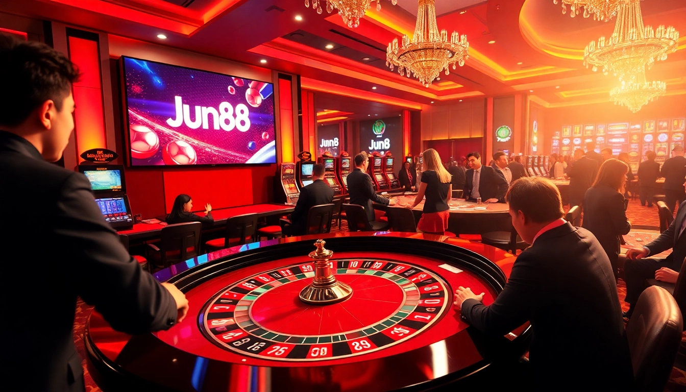 Experience the excitement of Jun88 with players enjoying vibrant casino games and betting activities.