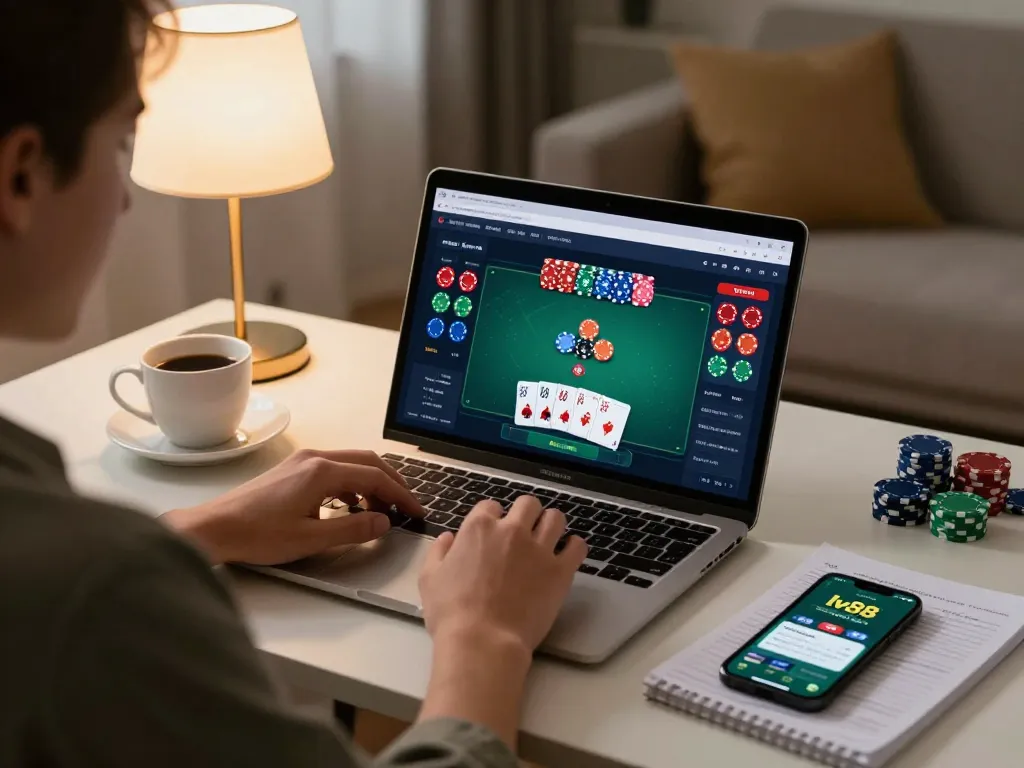 Engaging in an online poker game at lv88 with a laptop and strategy notes in a cozy environment.