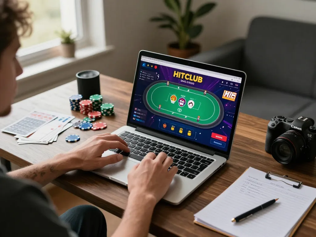 Engaged player utilizing HITCLUB web for an online poker game, showcasing strategic gameplay with vibrant visuals
