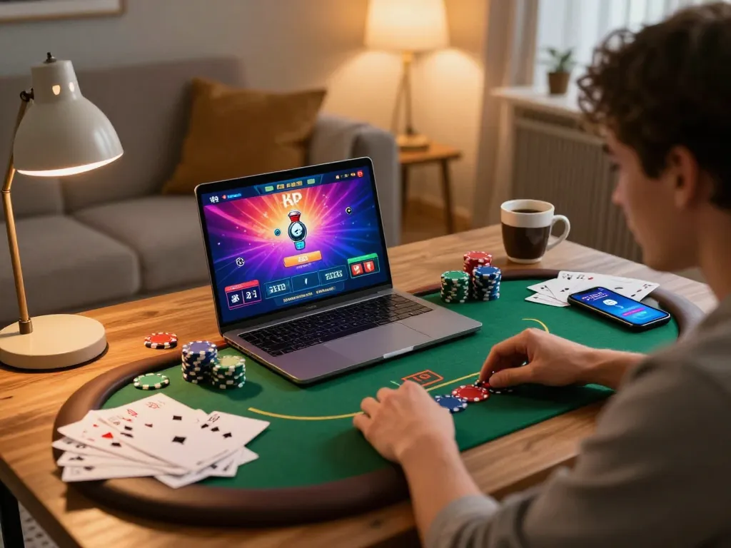 Engaged player exploring Đăng ký Sky88 on laptop, enjoying online poker gaming.