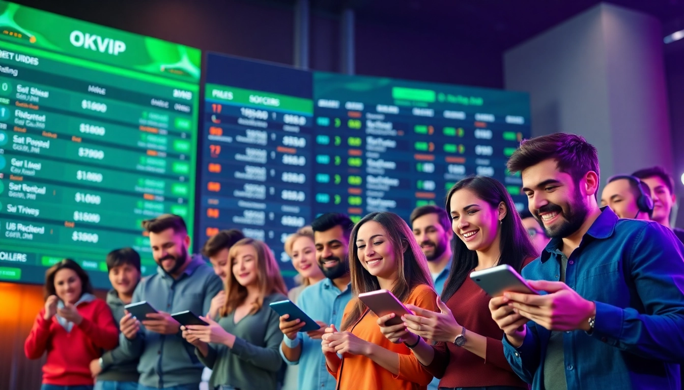 Engaging scene at okvipwin.live showcasing enthusiastic bettors enjoying online sports betting.