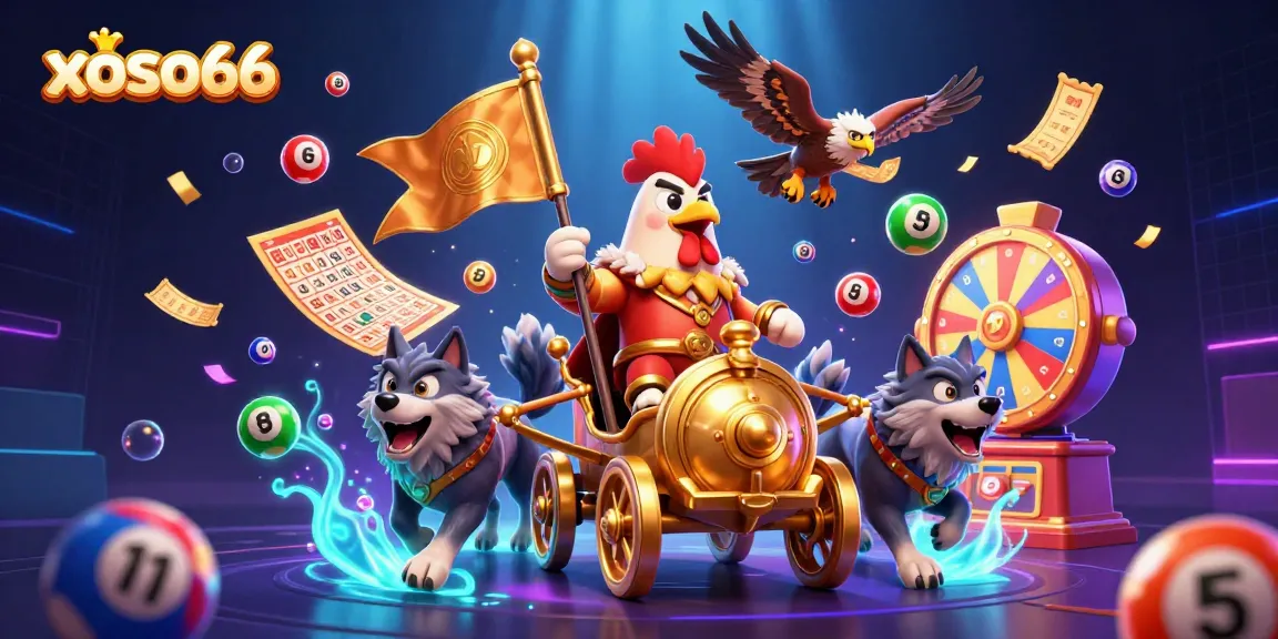 Engage with xoso66 as vibrant lottery elements and a rooster warlord unify in a dynamic 3D illustration.