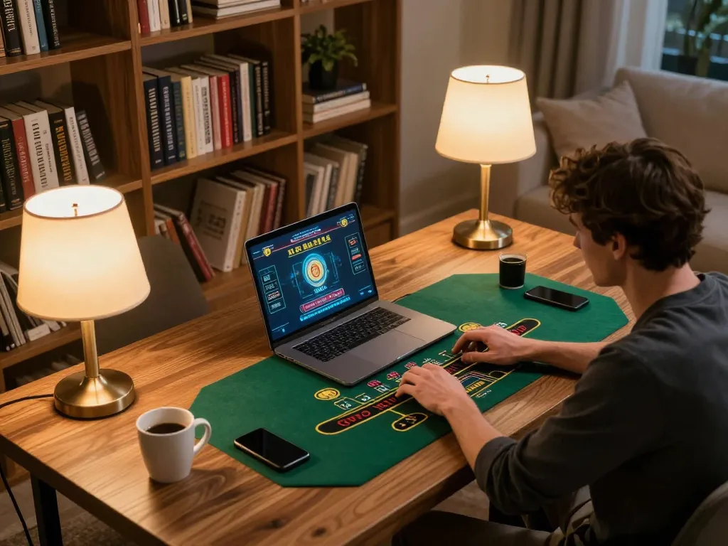 Player engaging in online casino gaming on vu88 with warm ambient lighting and focused atmosphere