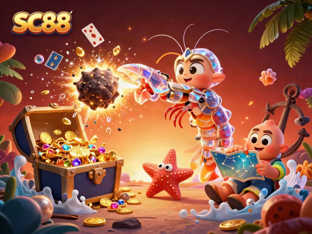 Experience the excitement of SC88 with vibrant characters and casino elements exploding with gems, creating a thrilling gambling atmosphere.