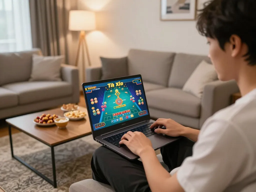 Tài Xỉu gameplay on a laptop in a cozy home setting, showcasing an engaging online gambling experience.
