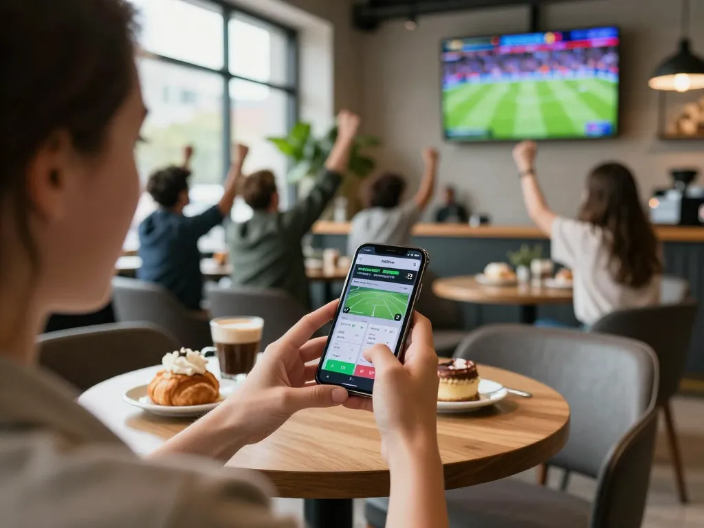 Engaging scene of a sports fan using the rr88 app for live betting during a match