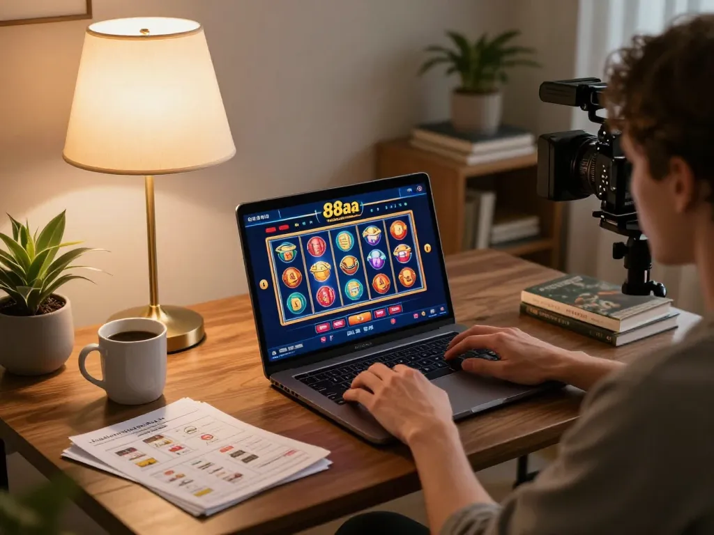 Engaging in online casino games on casino online 88aa at home, cozy gaming setup.